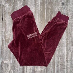 PUMA Womens Jogger Pants S Burgundy Velour Sweatpants Logo Track Lounge Retro